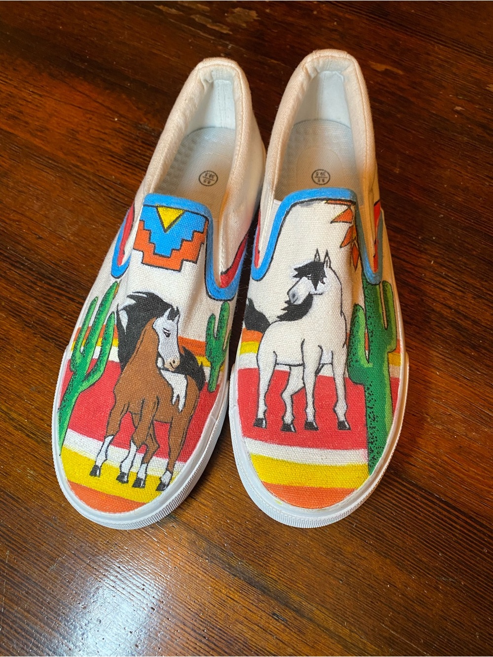 EUC Hand-Painted Aztec Inspired Slip-On Shoes Horse & Cactus Design Southwestern